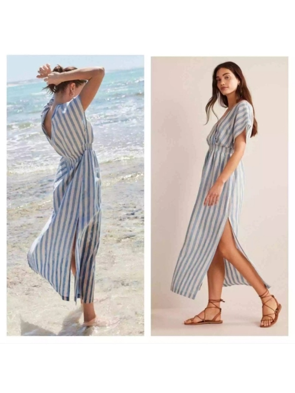 Boden Linen Kaftan Porcelain Blue Lurex Striped Maxi Dress Size 10 NWT
